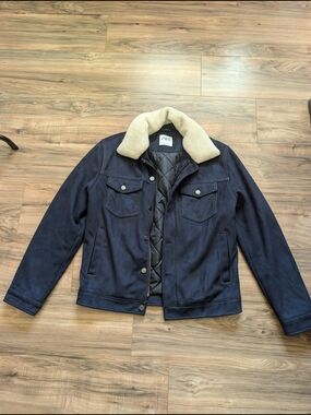 Zara Navy Bomber Jacket with Cream Sherpa Collar, Size M